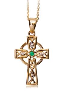 14 Carat Gold Celtic Cross with Emerald and Diamonds