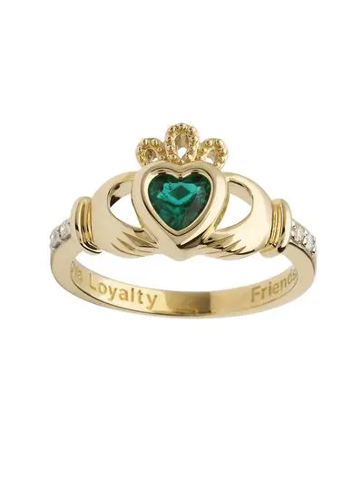 14ct Gold Diamond Claddagh Ring with Emerald Stone