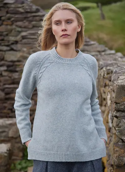 Raglan Cable Crew Neck in ‘cloud’, ribbed cuffs and hem, aran design from neck to armpit
