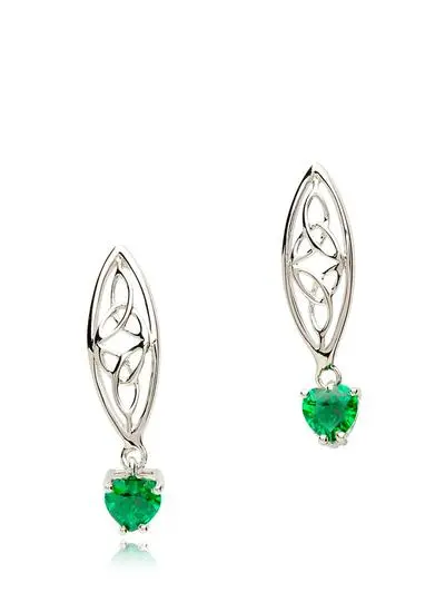 Sterling Silver Emerald Trinity Knot Heart Earrings