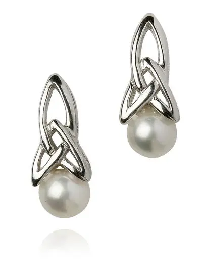 White background cut out shot of Sterling Silver Trinity Pearl Earrings