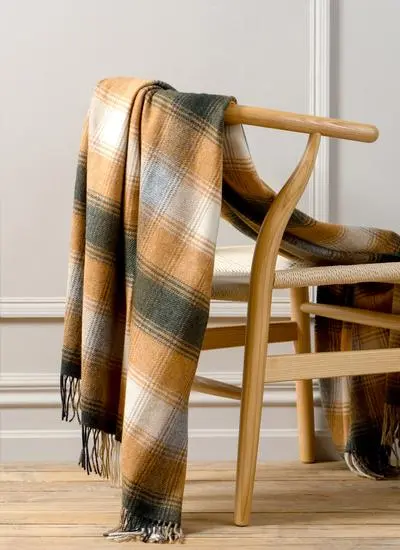 Mustard and grey check lambswool throw with rolled fringe detail