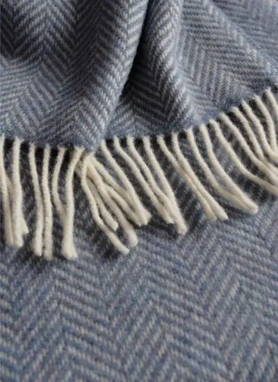 Blue Herringbone Wool Cashmere Throw