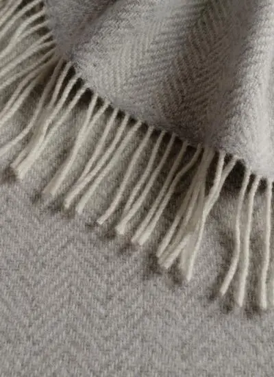 Grey Herringbone Wool Cashmere Throw