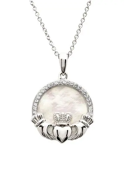 Sterling Silver Mother of Pearl Irish Claddagh Medallion Pendant with White Crystals
