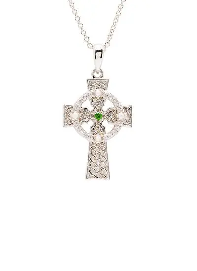 Sterling Silver Celtic Cross Pendant with Green Cubic Zirconia