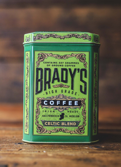 bradys ground coffee in a green tin