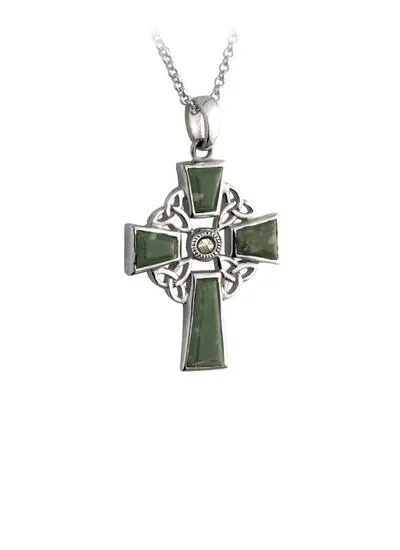White background cut out shot of Sterling Silver Connemara Marble Celtic Cross Pendant