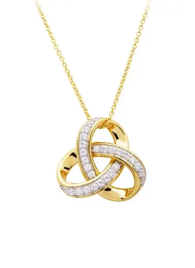 White background cut out shot of 14ct Gold Vermeil Trinity Knot Pendant with Cubic Zirconia