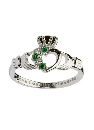 White background cut out shot of Sterling Silver Claddagh Ring with Green Cubic Zirconia