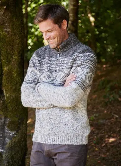 Fisherman Zip Neck Sweater With Jacquard Pattern