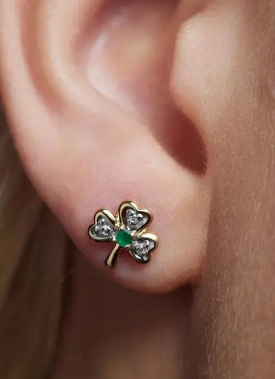 14ct Gold Diamond & Emerald Shamrock Stud Earrings