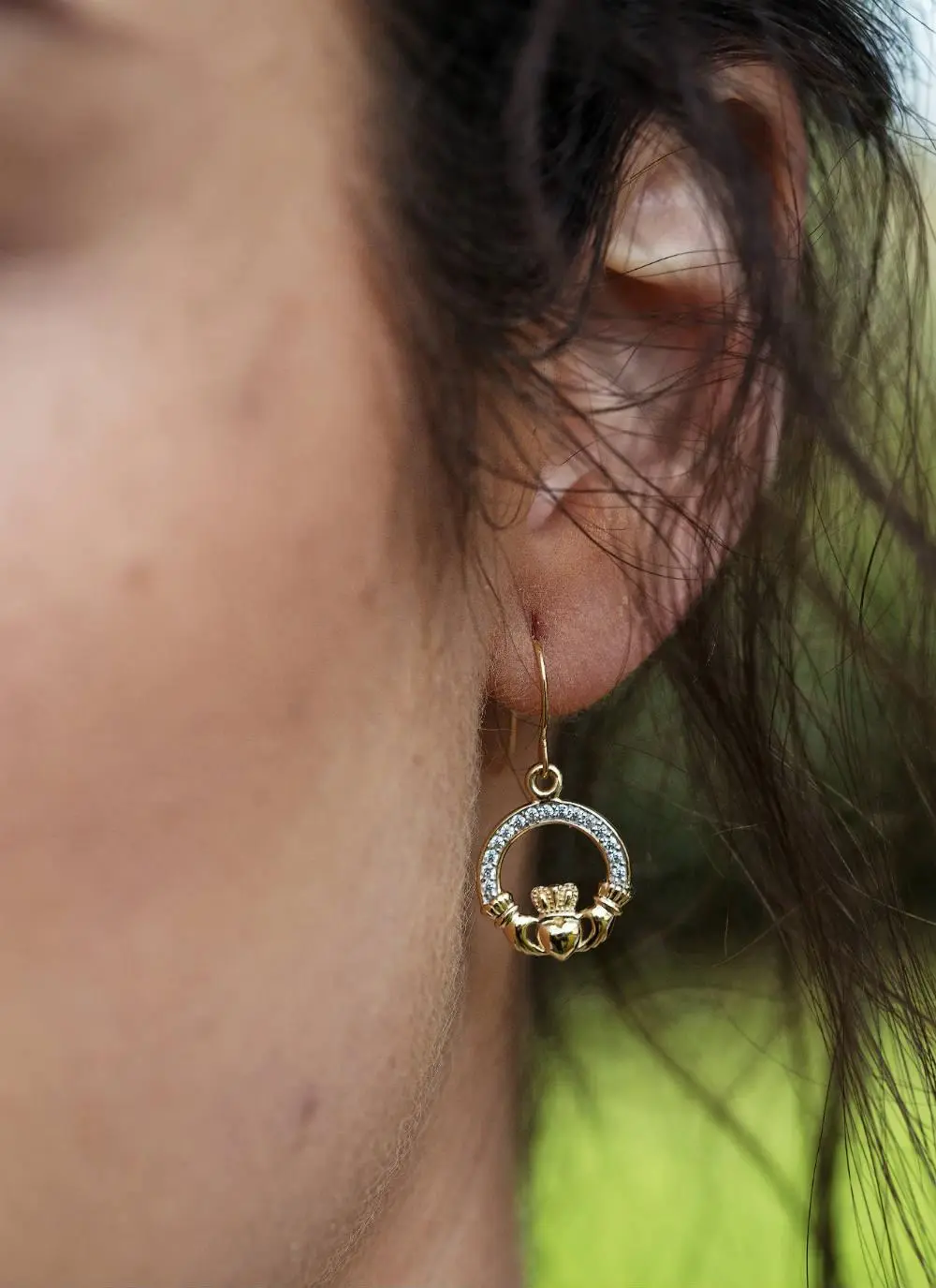 10K Gold Claddagh Pave Set Drop Earrings