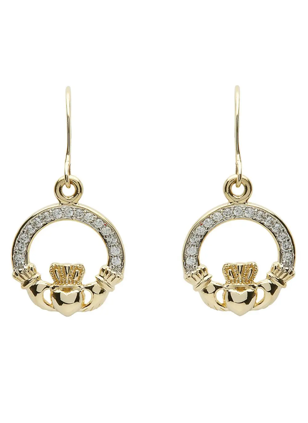 10K Gold Claddagh Pave Set Drop Earrings