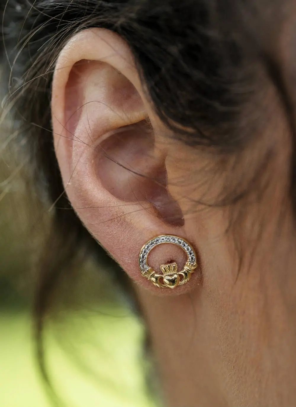 10K Gold Claddagh Pave Set Stud Earrings