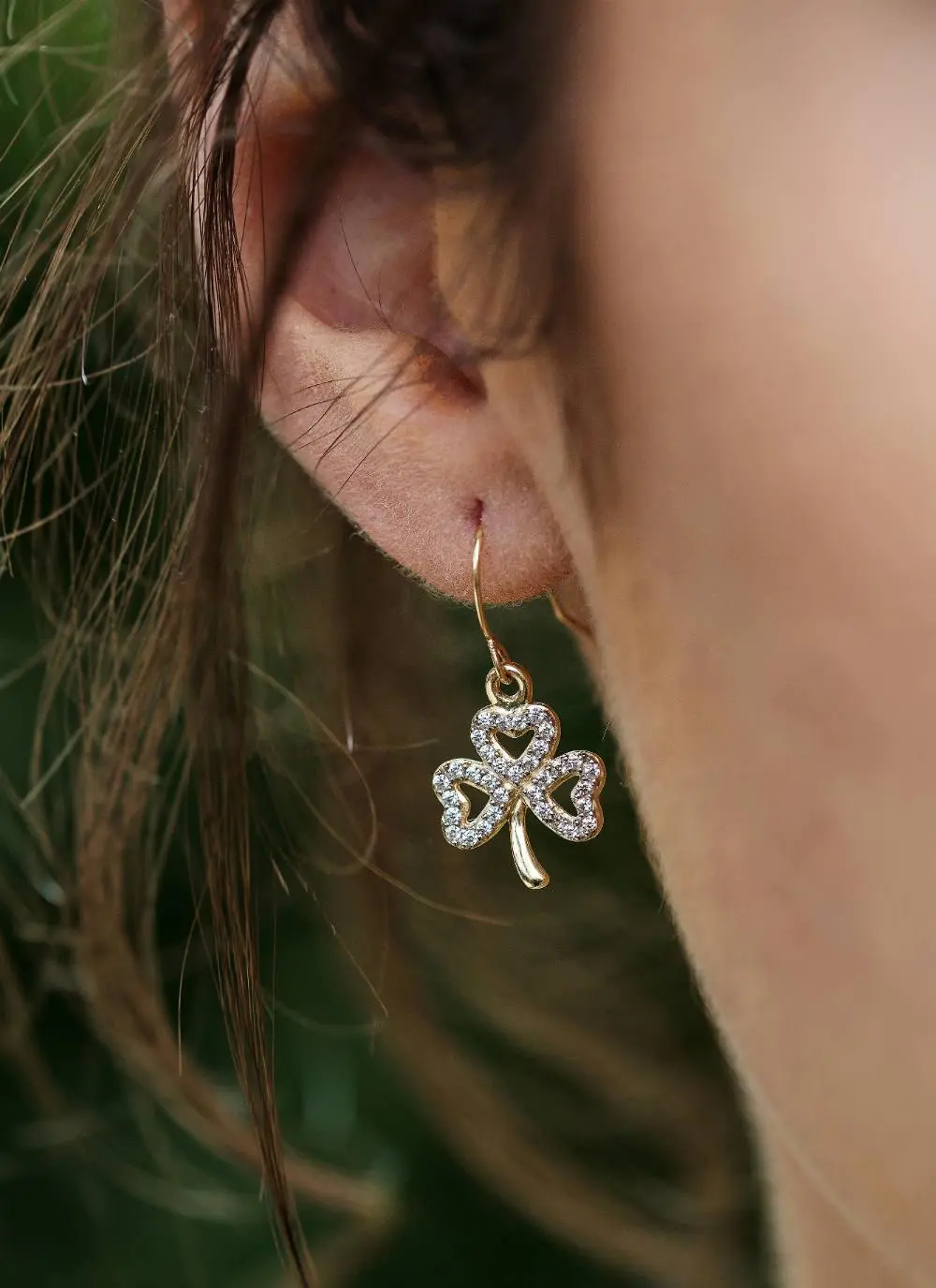 10K Gold Shamrock Stone Set Drop Earrings