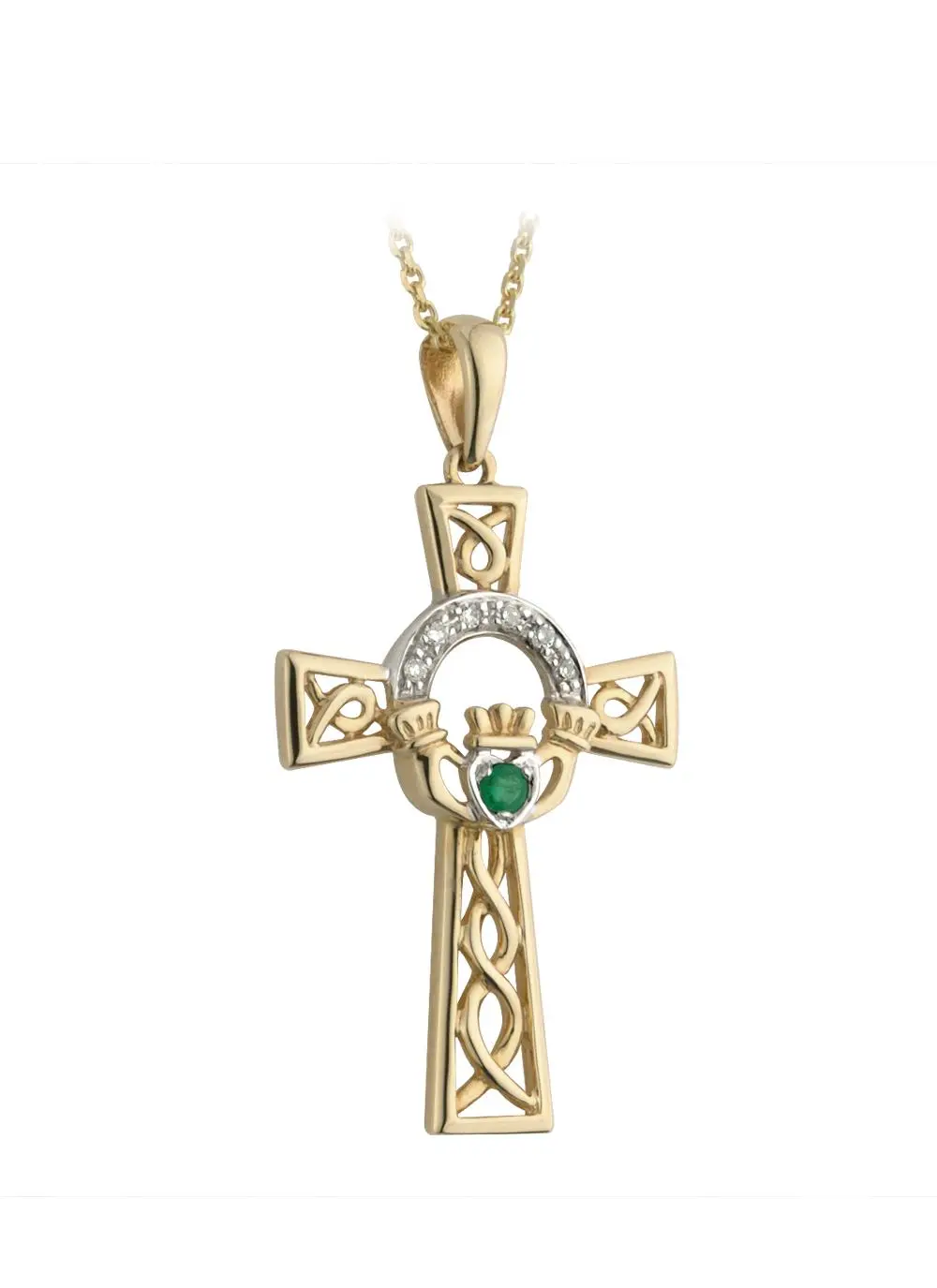 14K Gold Diamond & Emerald Claddagh Cross Pendant