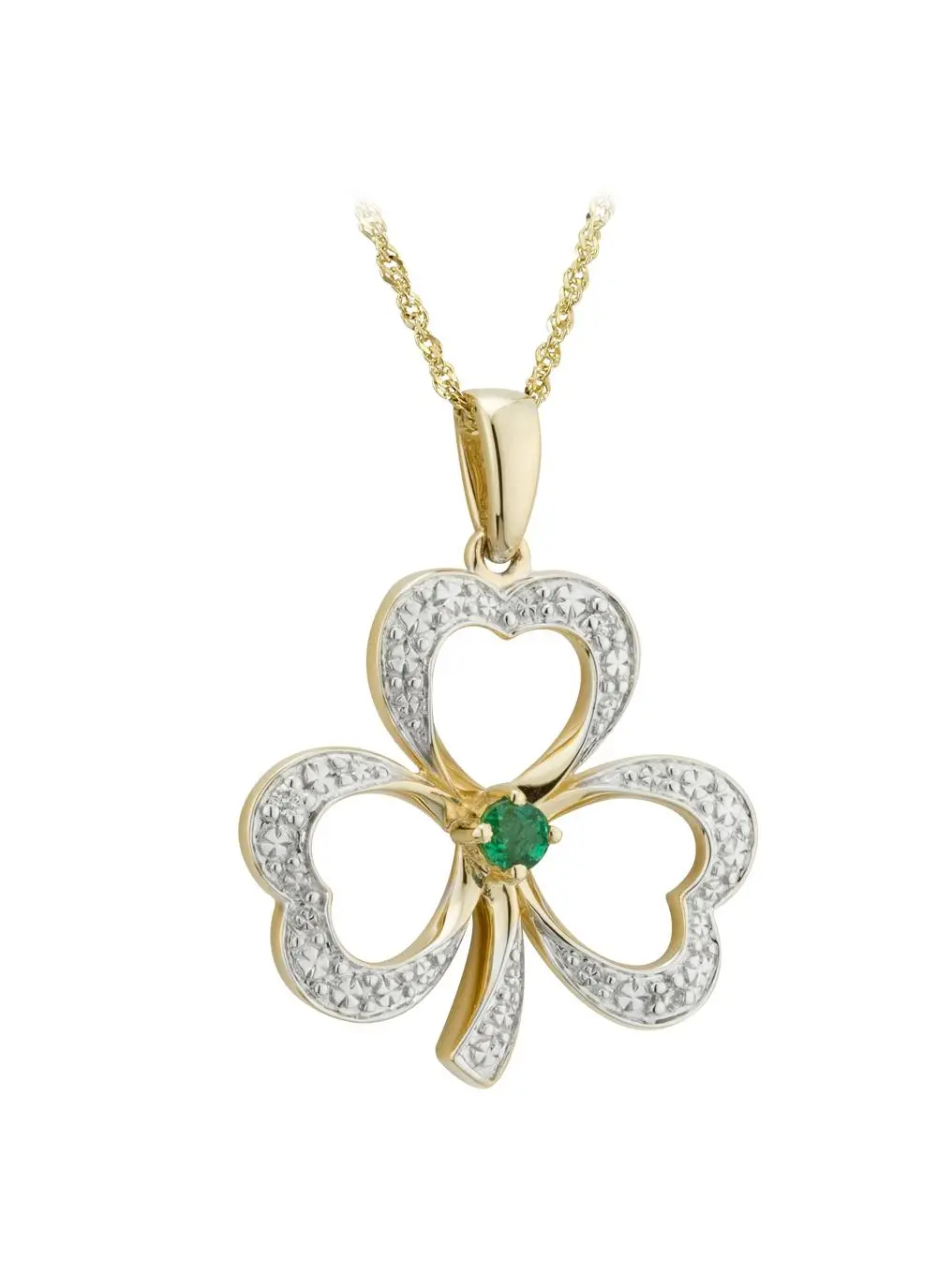 14K Gold Diamond Encrusted Emerald Shamrock Pendant