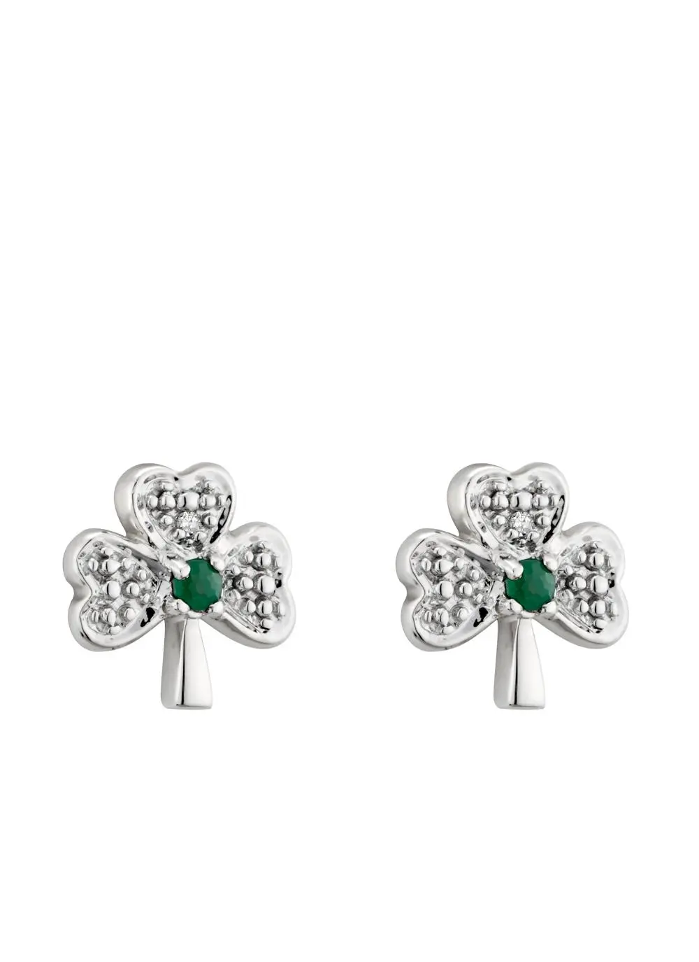 14ct White Gold Diamond & Emerald Shamrock Stud Earrings
