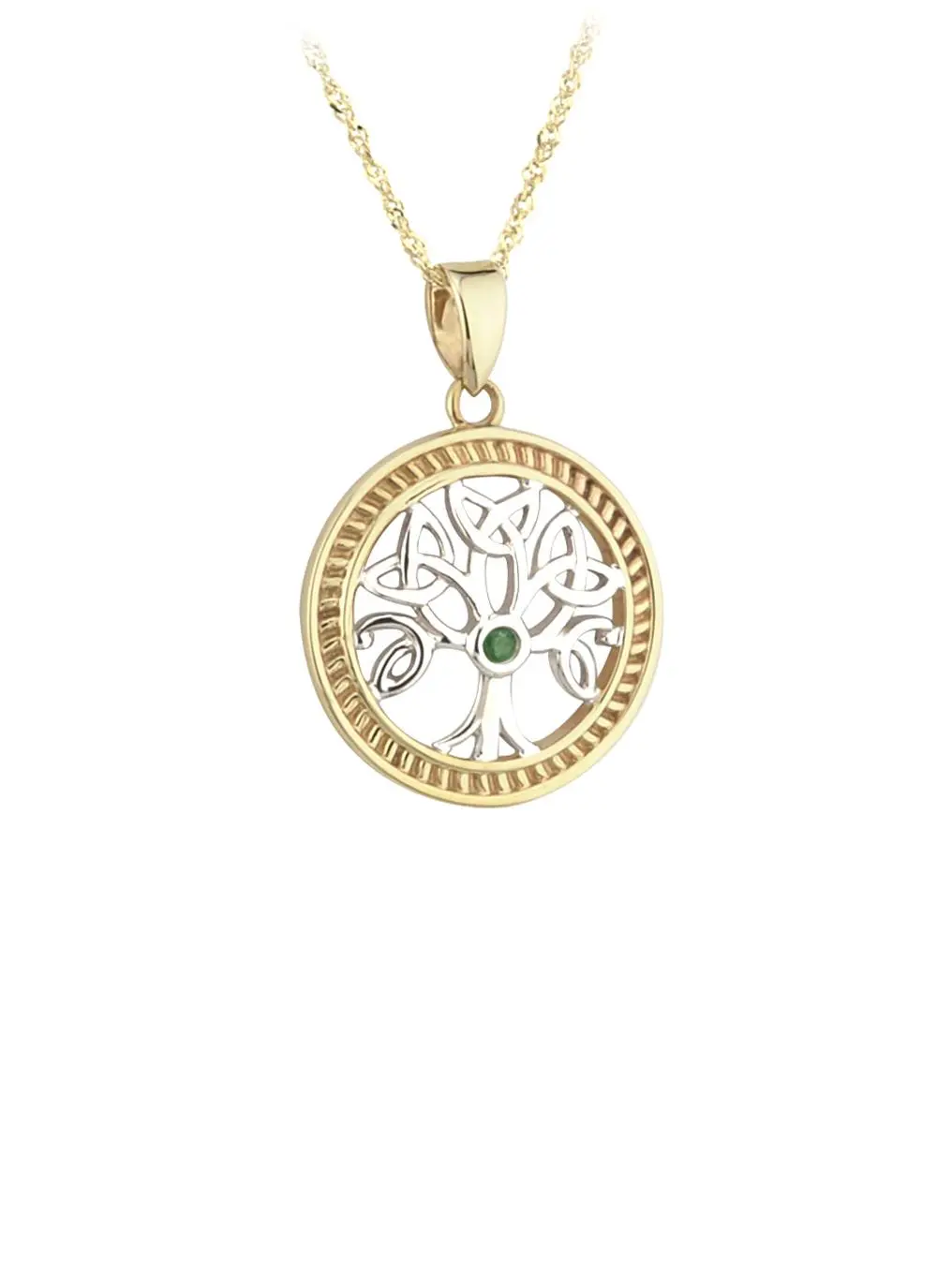 14K Gold Two Tone Emerald Tree Of Life Pendant