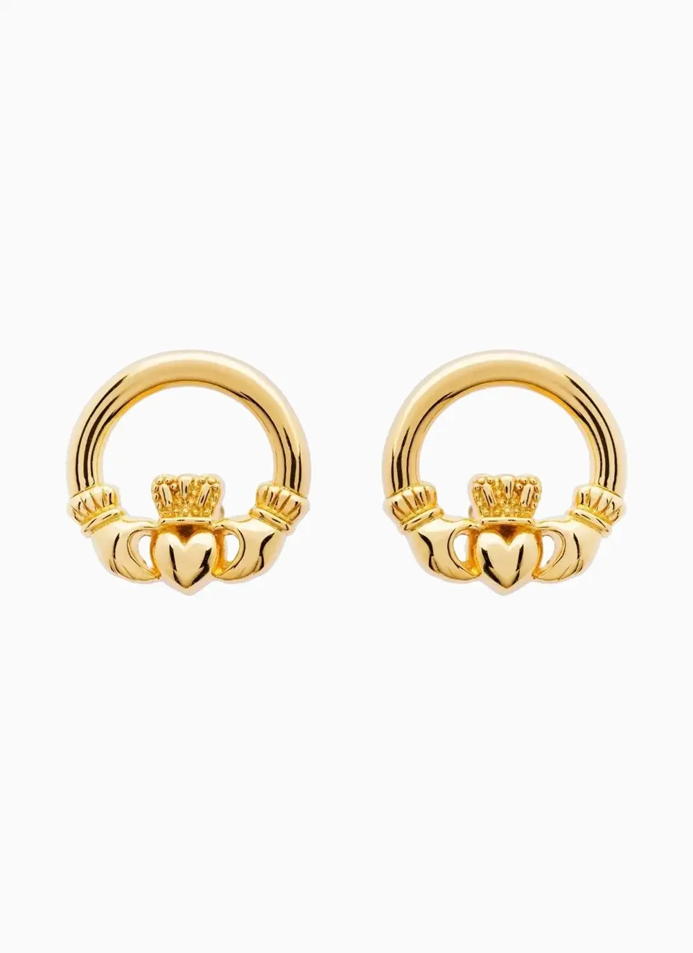 Grey background cutout shot of 14ct Gold Vermeil Claddagh Stud Earrings