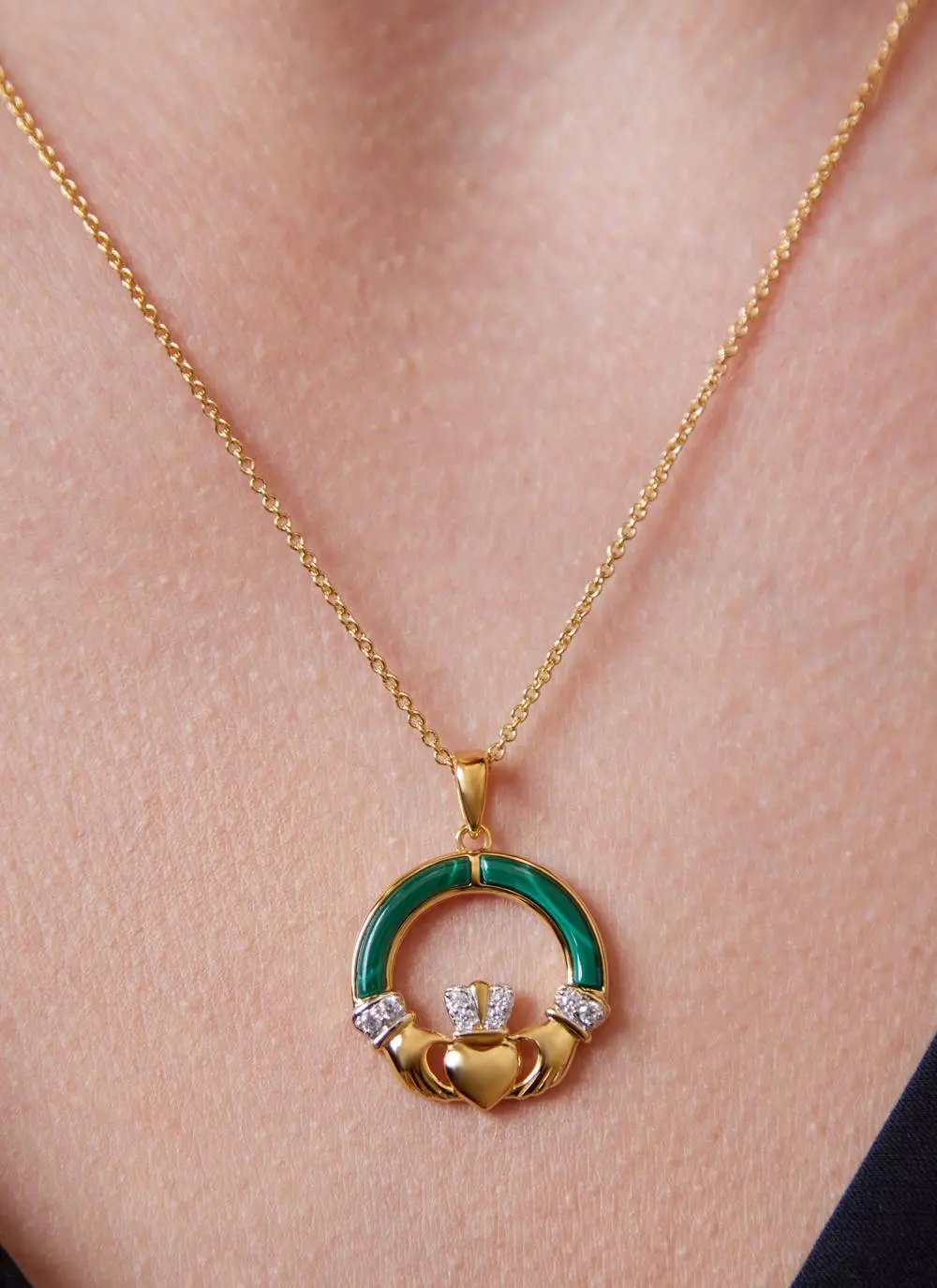 14ct Gold Vermeil Claddagh Pendant with Malachite & Cubic Zirconia