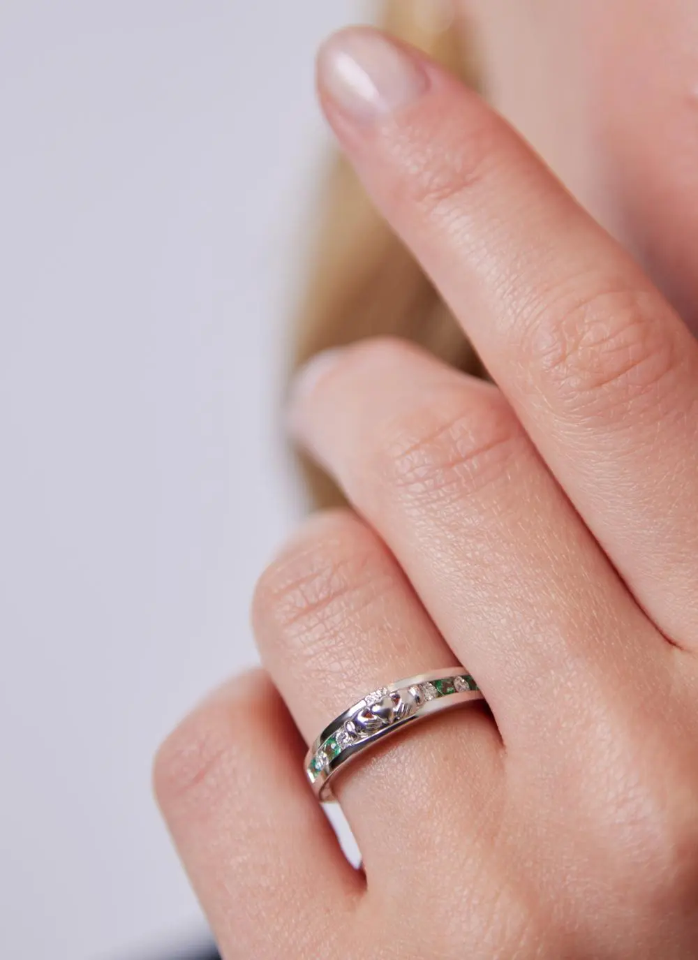 14ct White Gold & Diamond Claddagh Eternity Ring with Emerald
