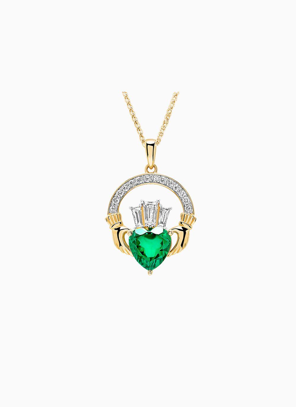 14K Gold Emerald Claddagh Necklace