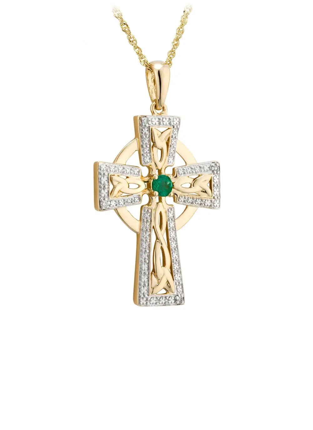 14K Gold Diamond & Emerald Cross Pendant