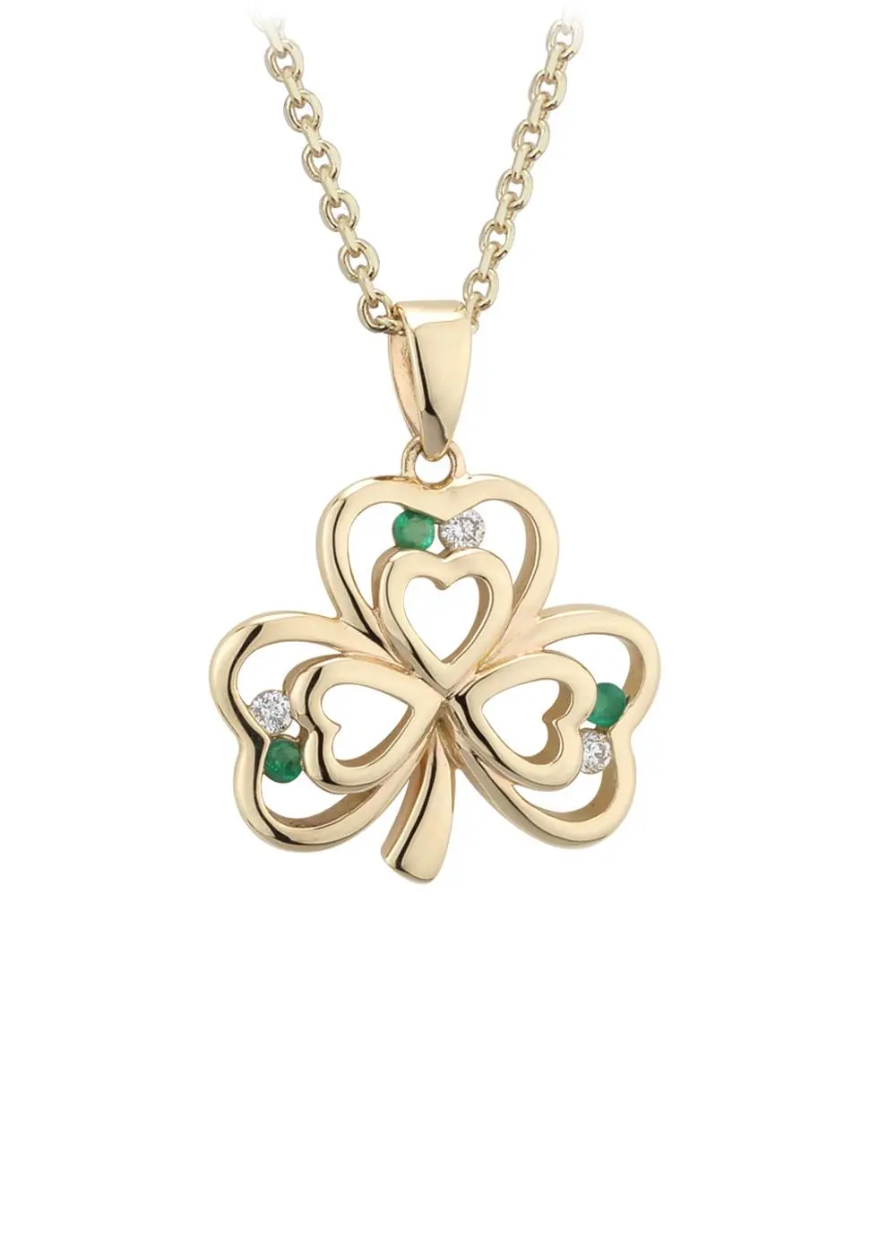 14K Gold Diamond & Emerald Double Shamrock Pendant
