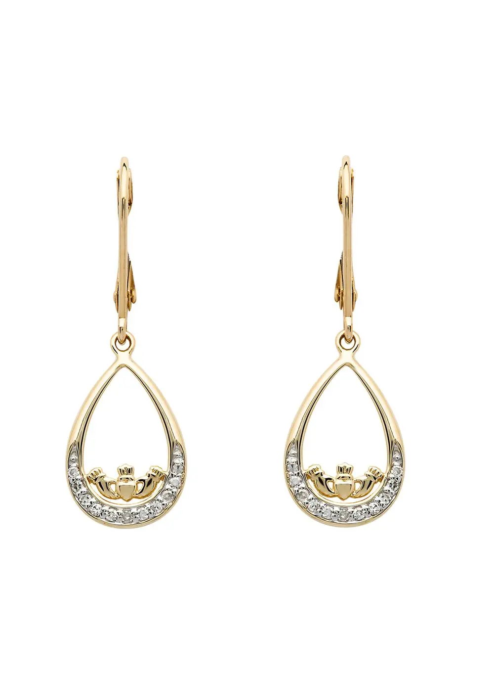 14K Gold Diamond Set Claddagh Drop Earrings