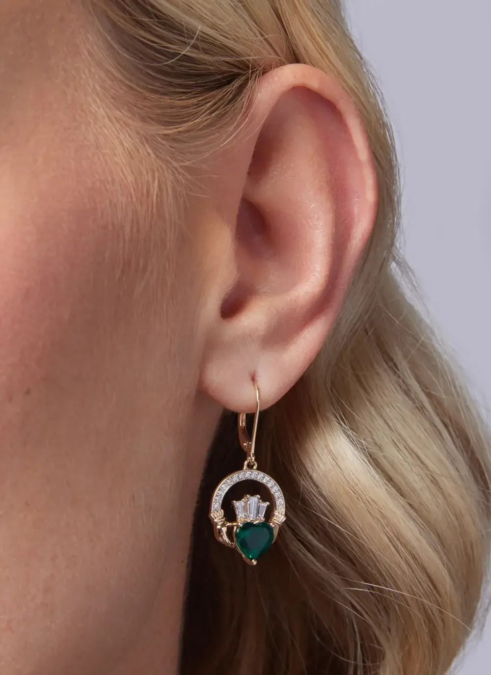 14K Gold Emerald Claddagh Earrings
