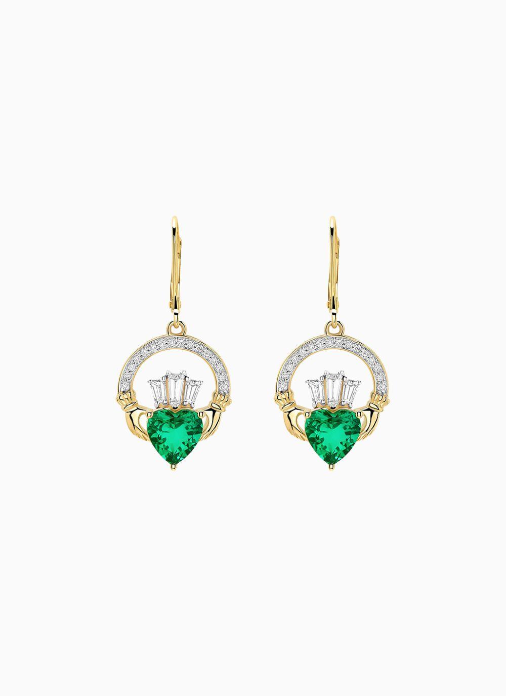 14K Gold Lab Grown Ethical Emerald Claddagh Earrings
