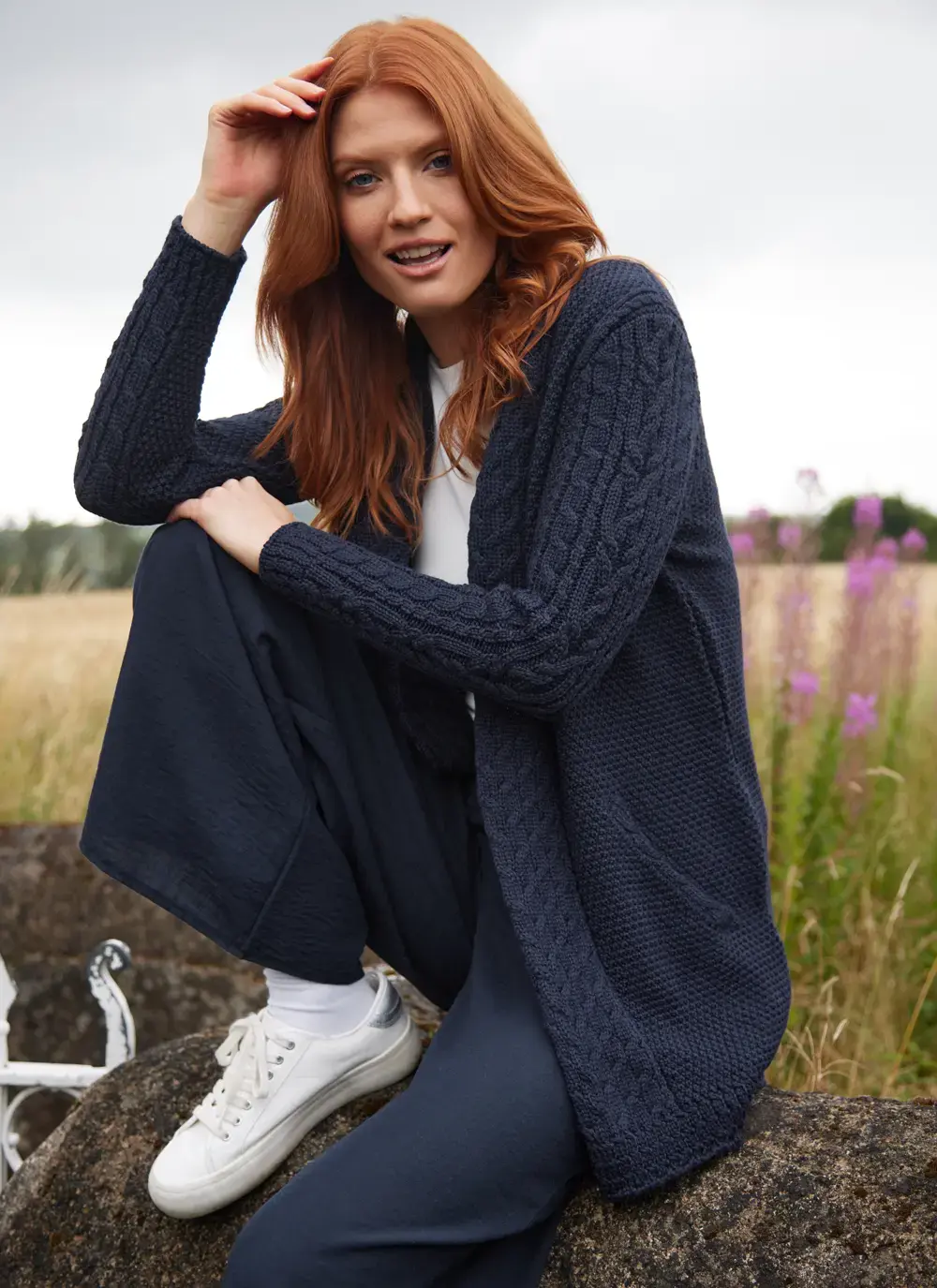 Maire Supersoft Aran Cardigan in Navy Cable Blackberry Stitch