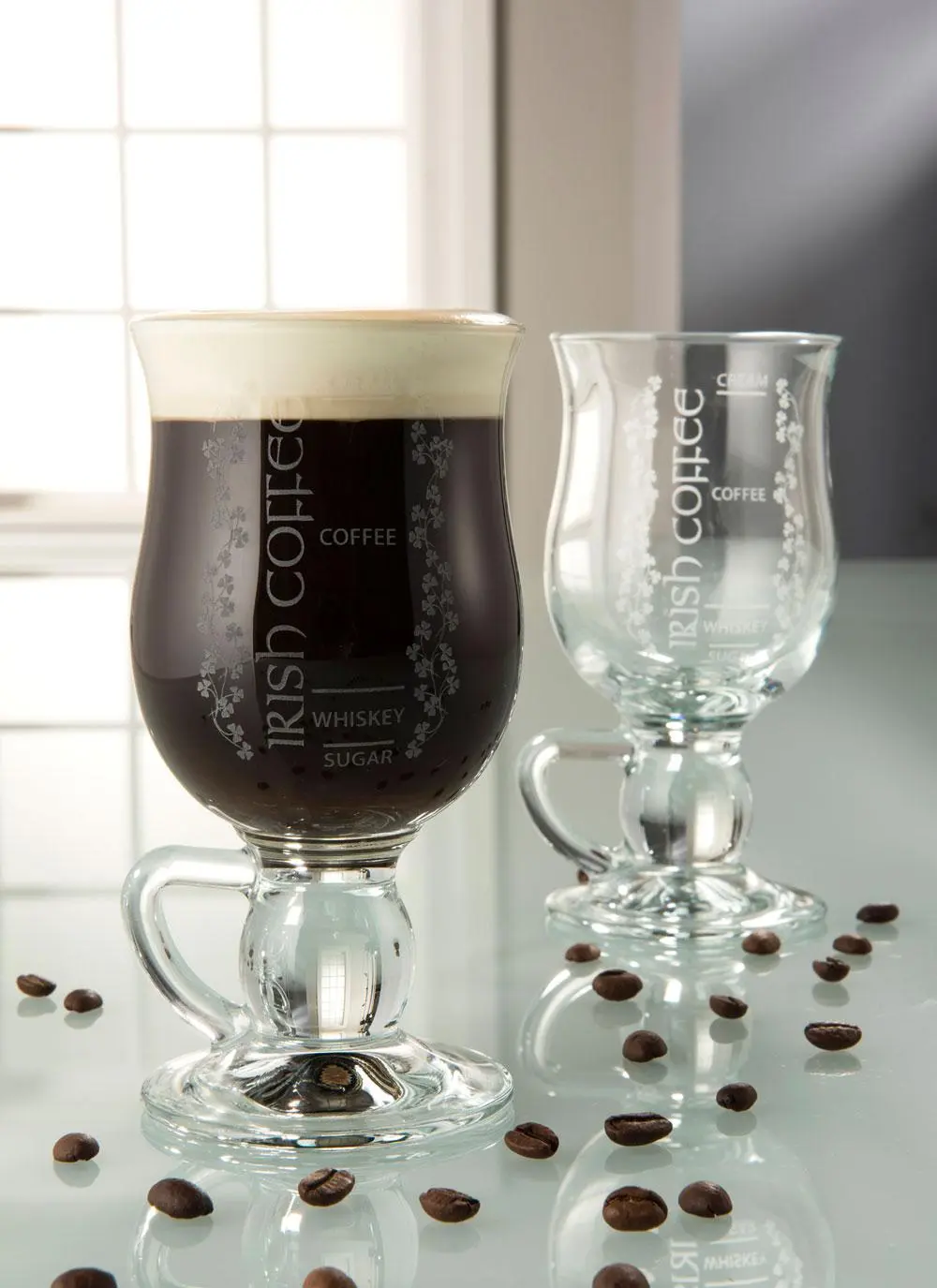 Set of 4 Irish Coffee Glasses, With Graduation and Image Shamrock, Whiskey  