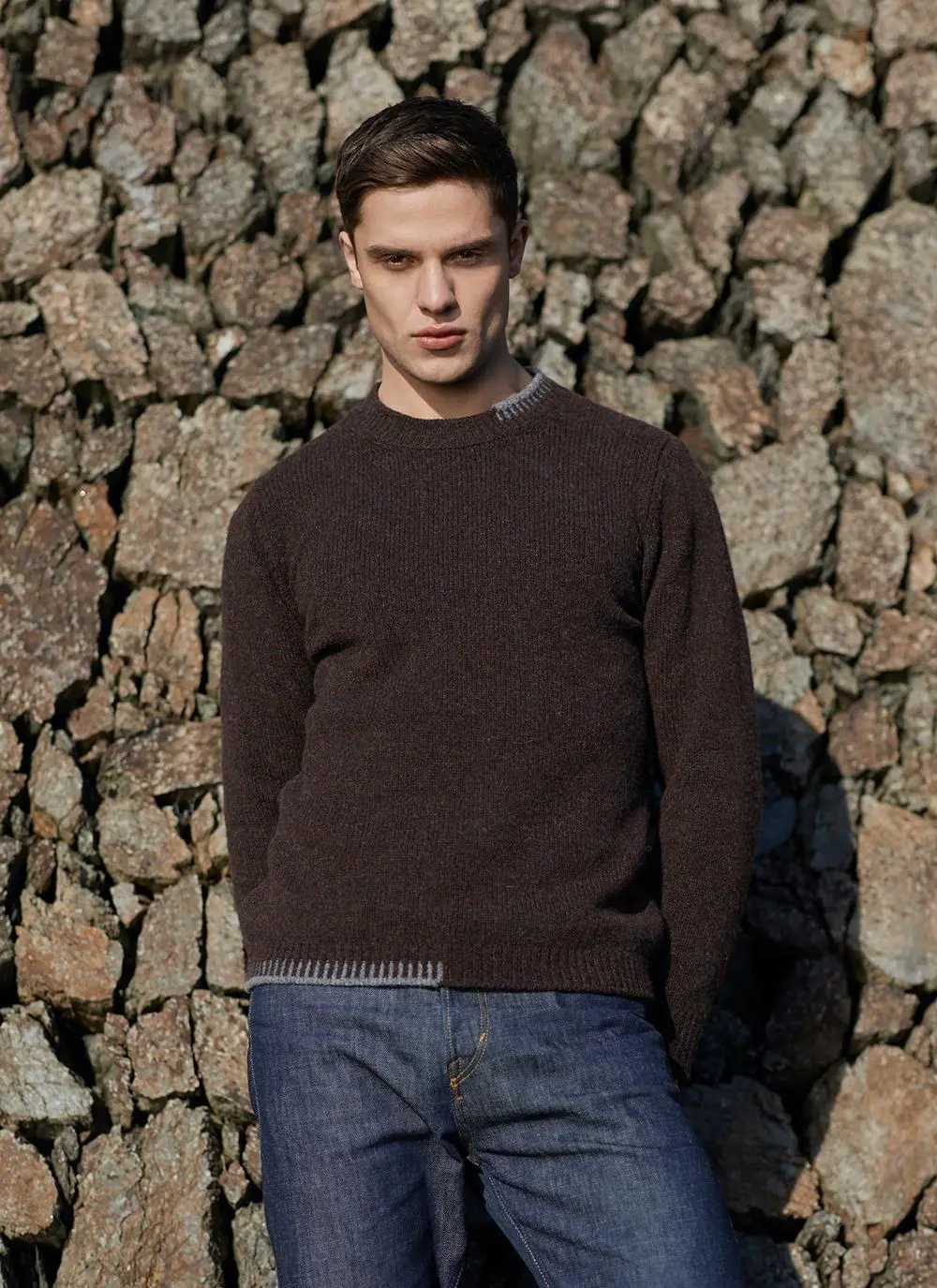 Fisherman Wool Cashmere Blanket Stitch Crew Neck Sweater