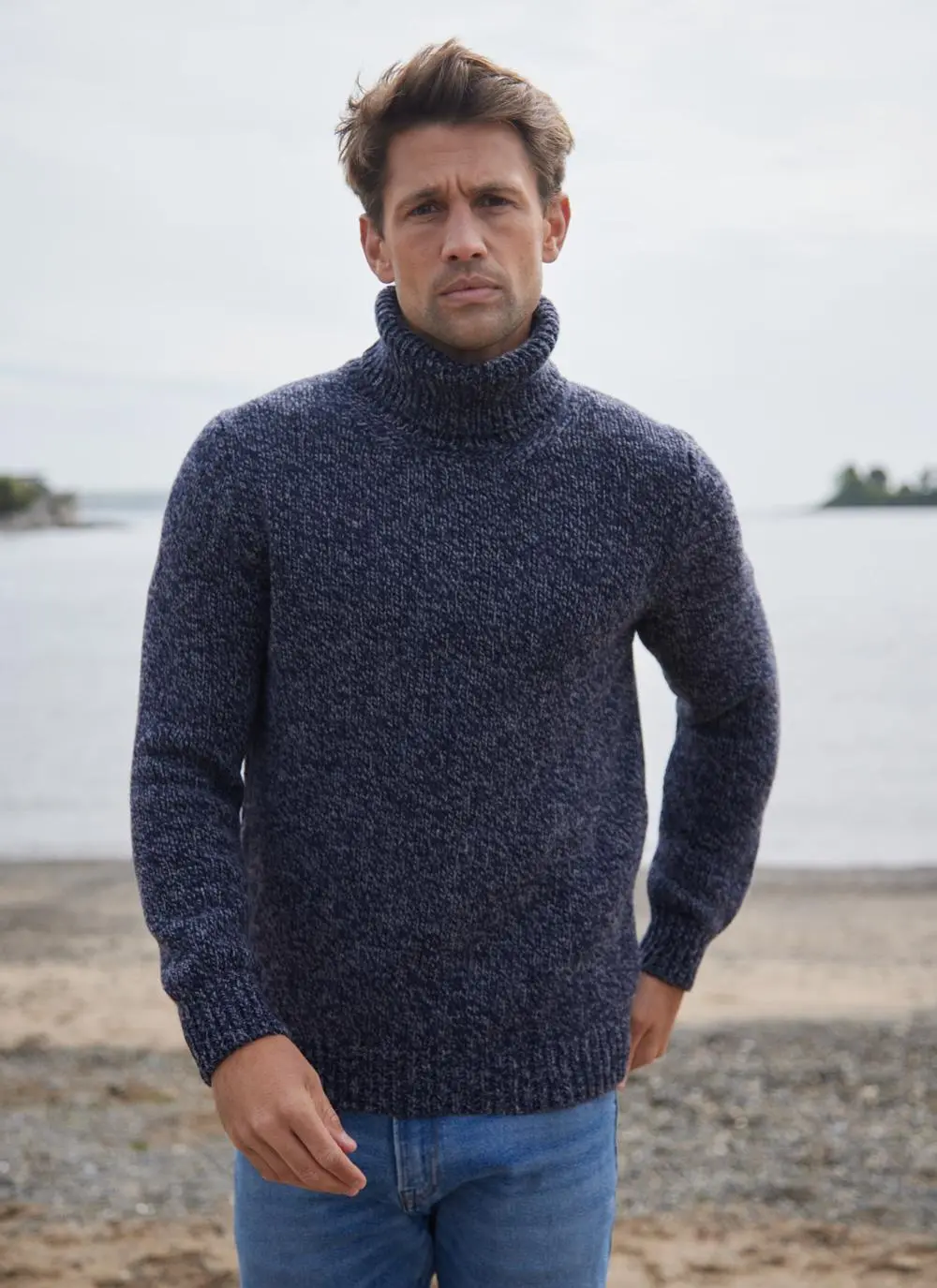 Fisherman Chunky Marled Polo Neck Sweater with Cashmere in Indigo Grey ...