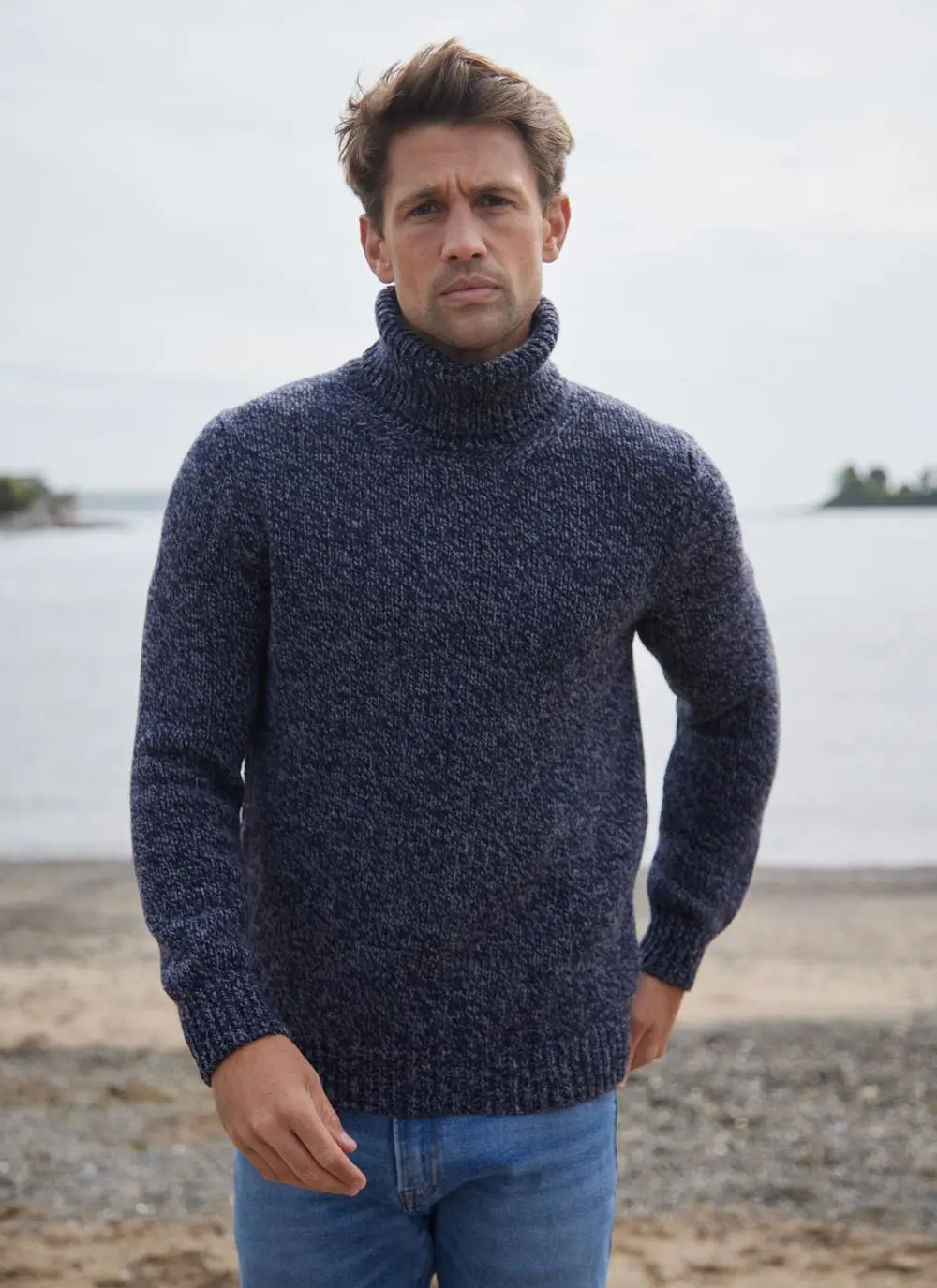 Fisherman Chunky Marled Polo Neck Sweater with Cashmere