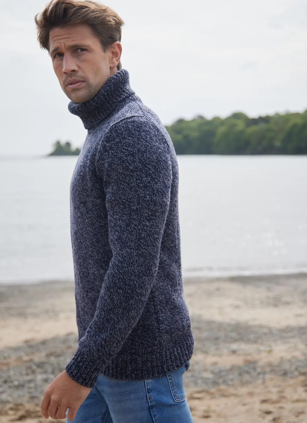 Fisherman Chunky Marled Polo Neck Sweater with Cashmere