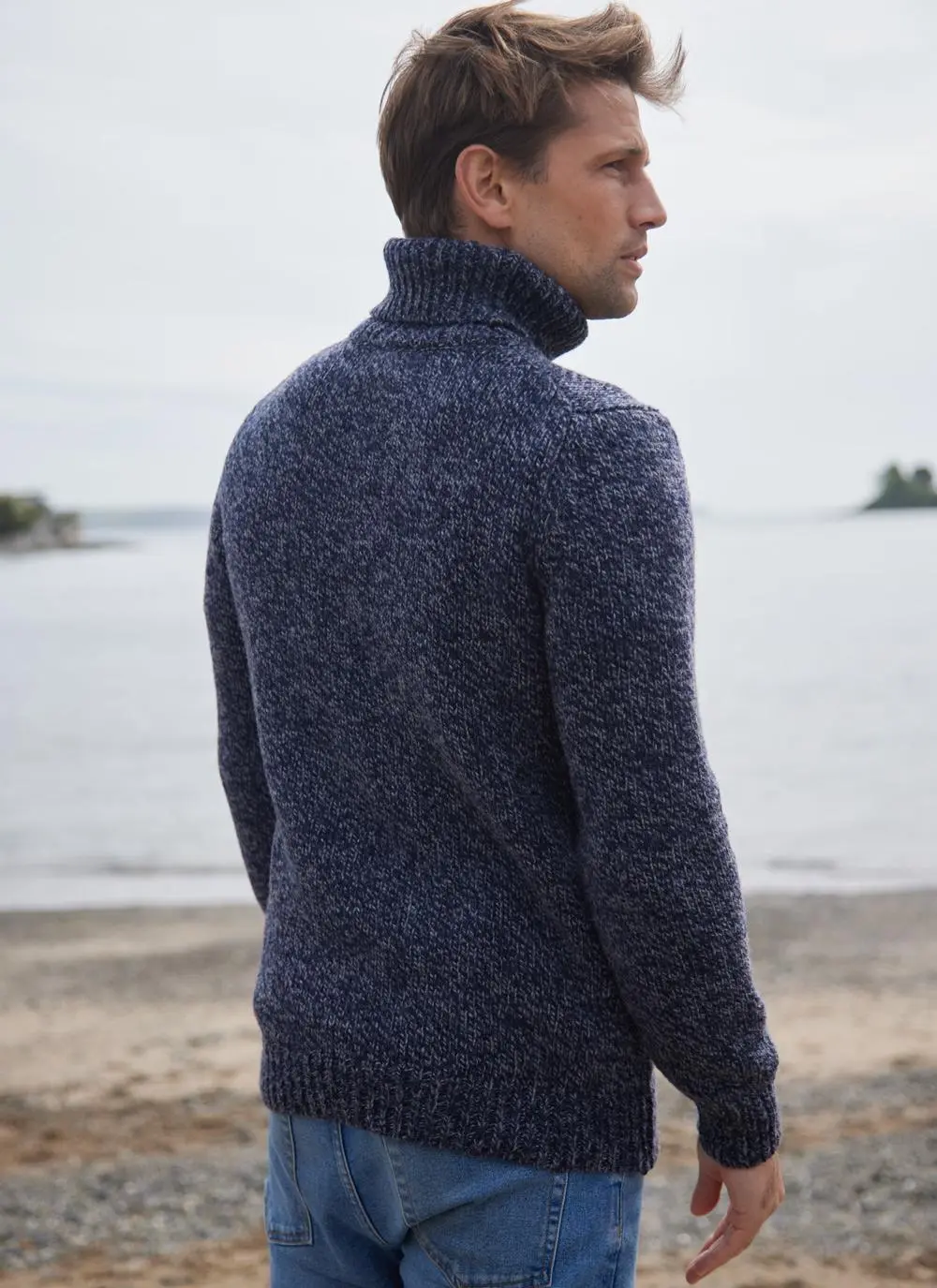 Fisherman Chunky Marled Polo Neck Sweater with Cashmere