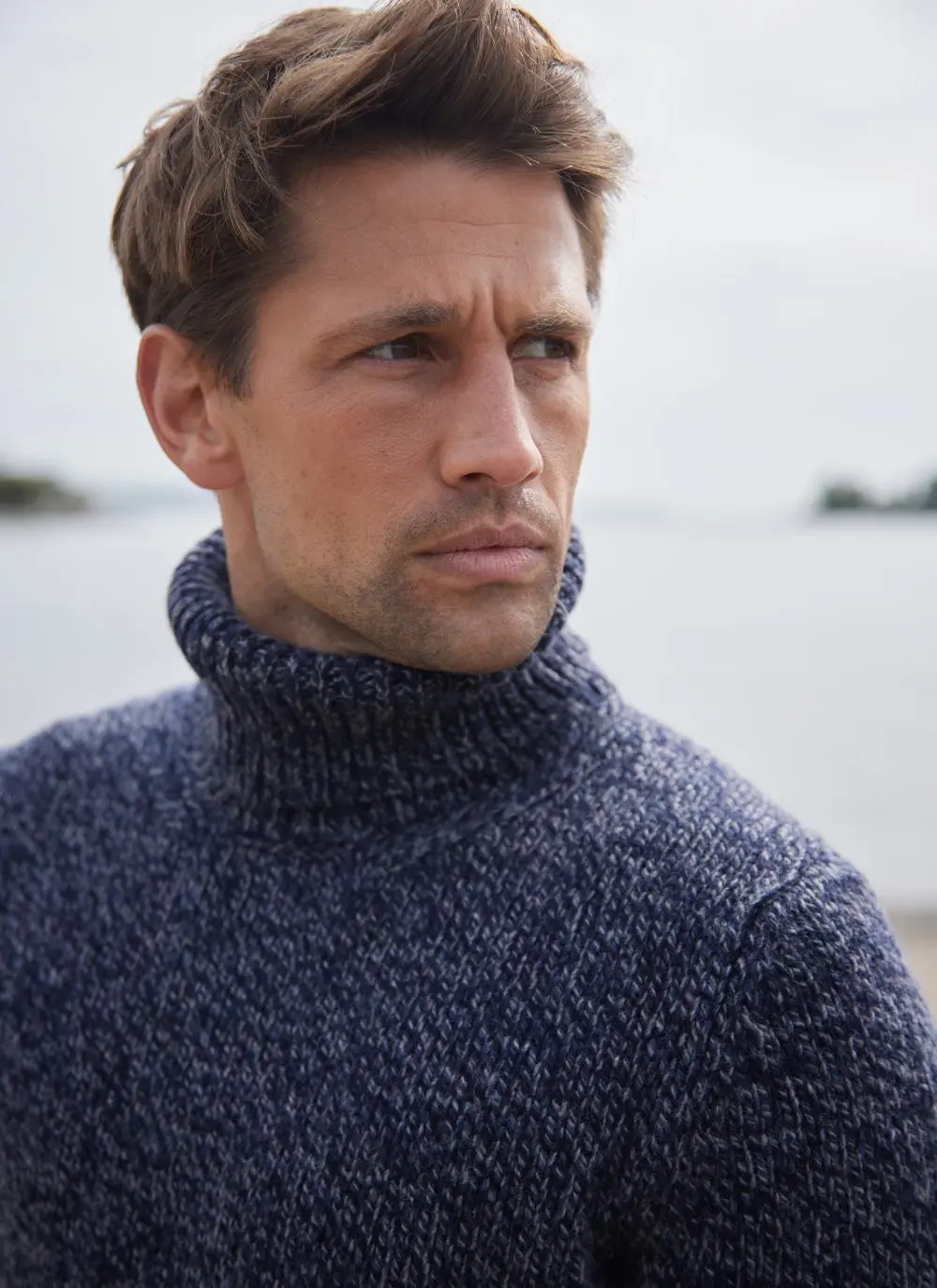Fisherman Chunky Marled Polo Neck Sweater with Cashmere