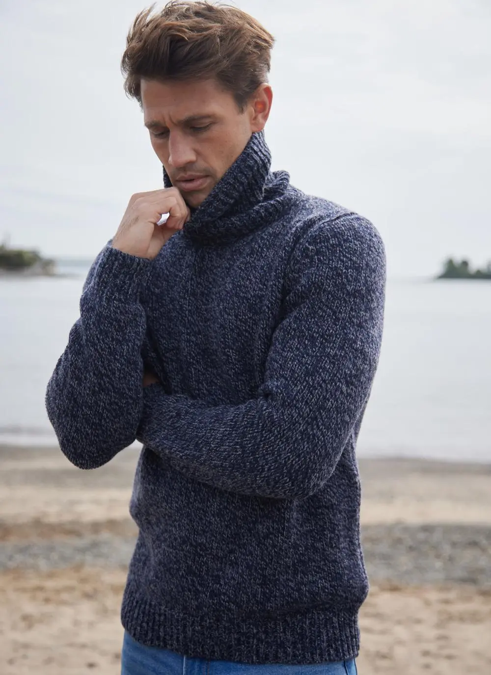 Fisherman Chunky Marled Polo Neck Sweater with Cashmere