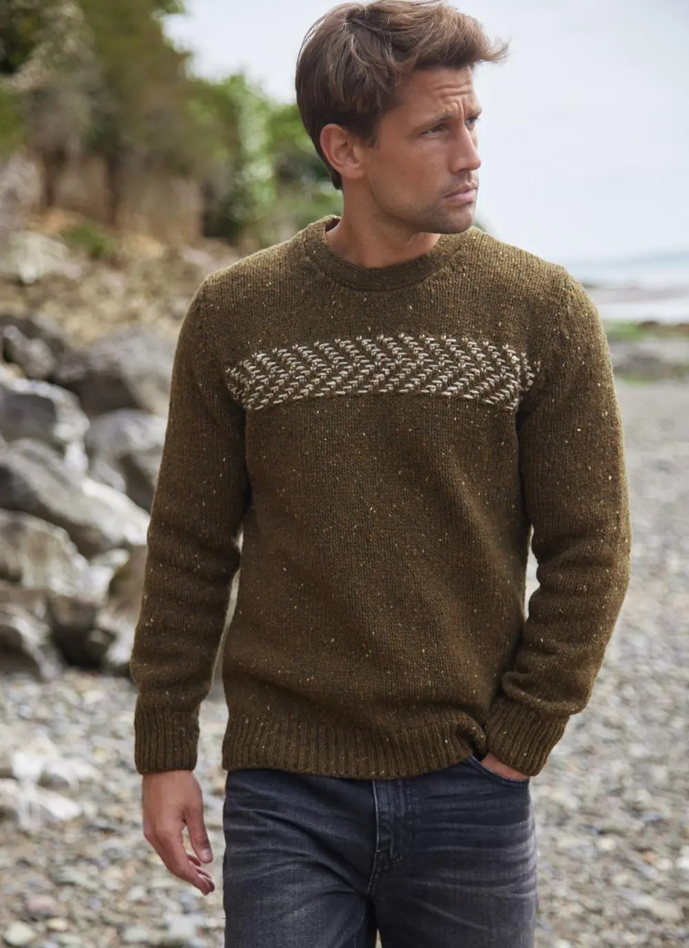 Fisherman Two Tone Donegal Crew Neck Sweater