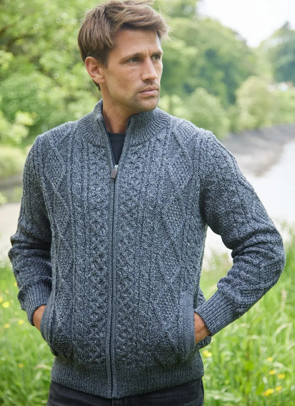 Cian Full Zip Aran Sweater in Slate | Aran Sweaters for Men | Blarney