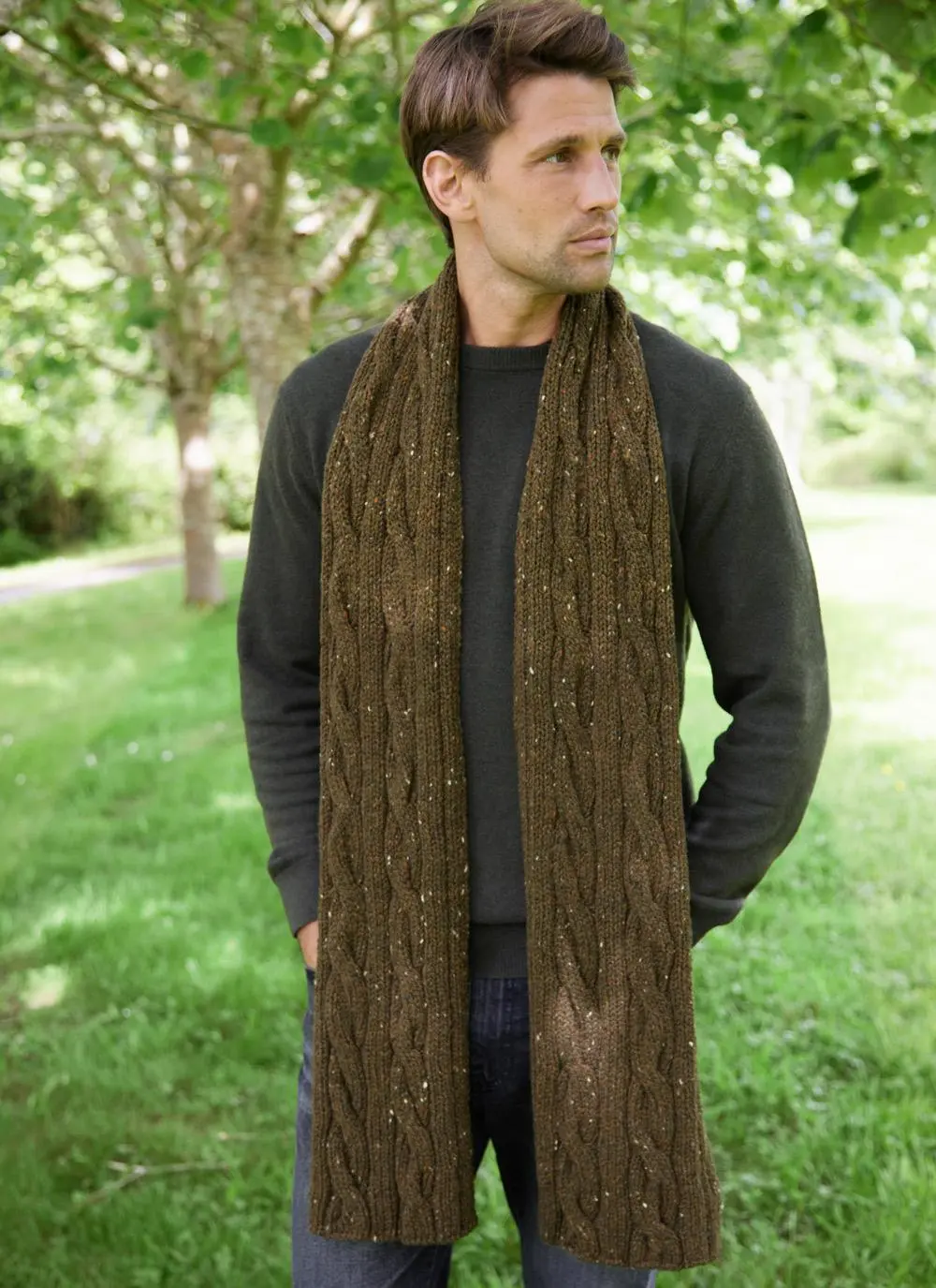 Fisherman Donegal Fleck Cable Scarf Cable Scarf in Olive | Blarney