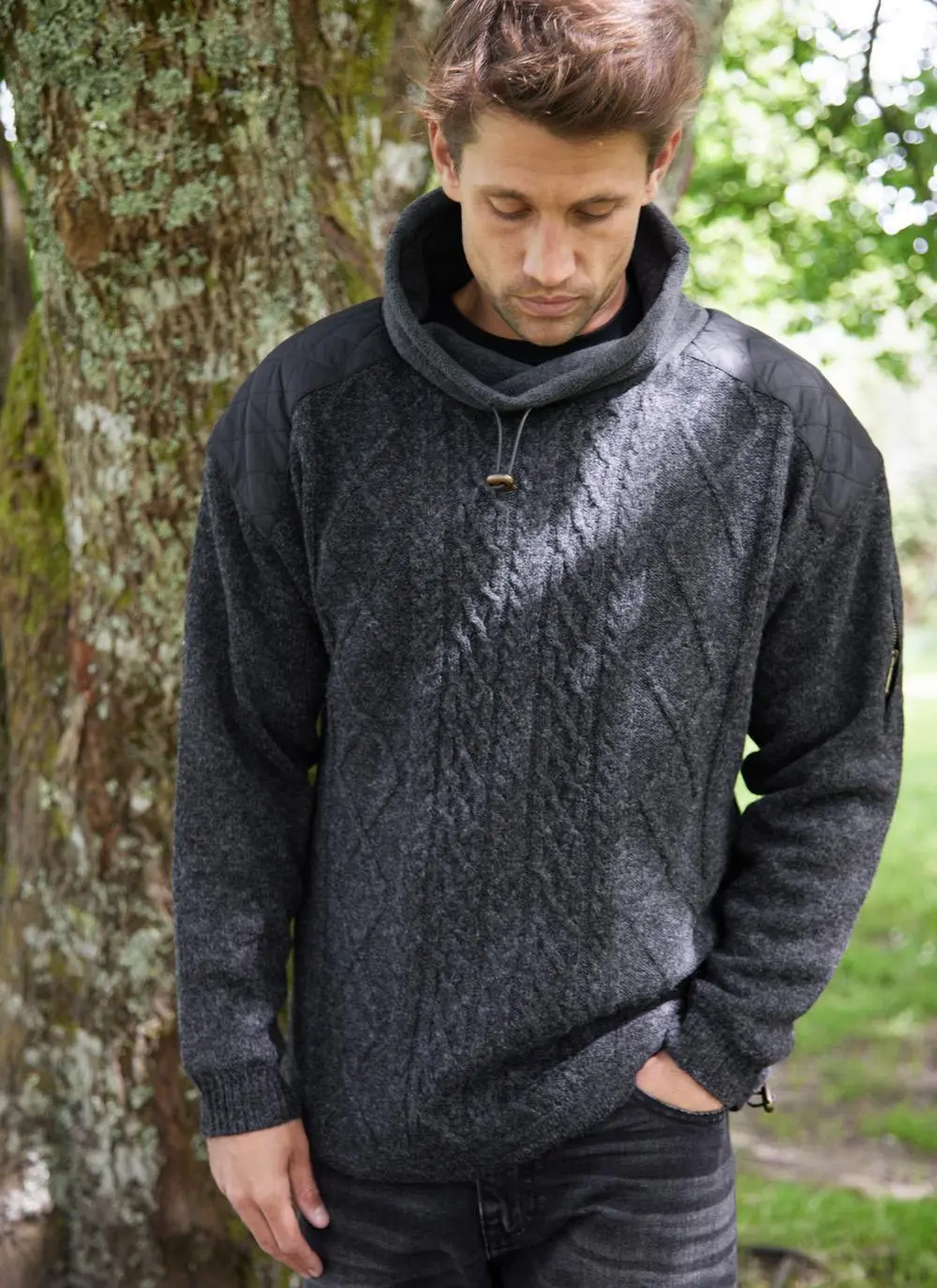 Men's Cowl Neck Aran Sweater  Mens Black Cowl Neck Sweater