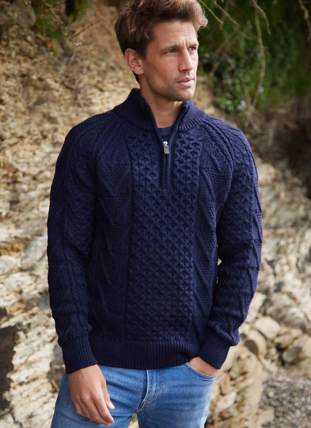 Liam Half Zip Aran Sweater in Navy | Aran Sweaters for Men | Blarney