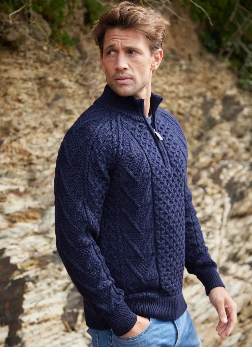 Liam Half Zip Aran Sweater in Navy | Aran Sweaters for Men | Blarney