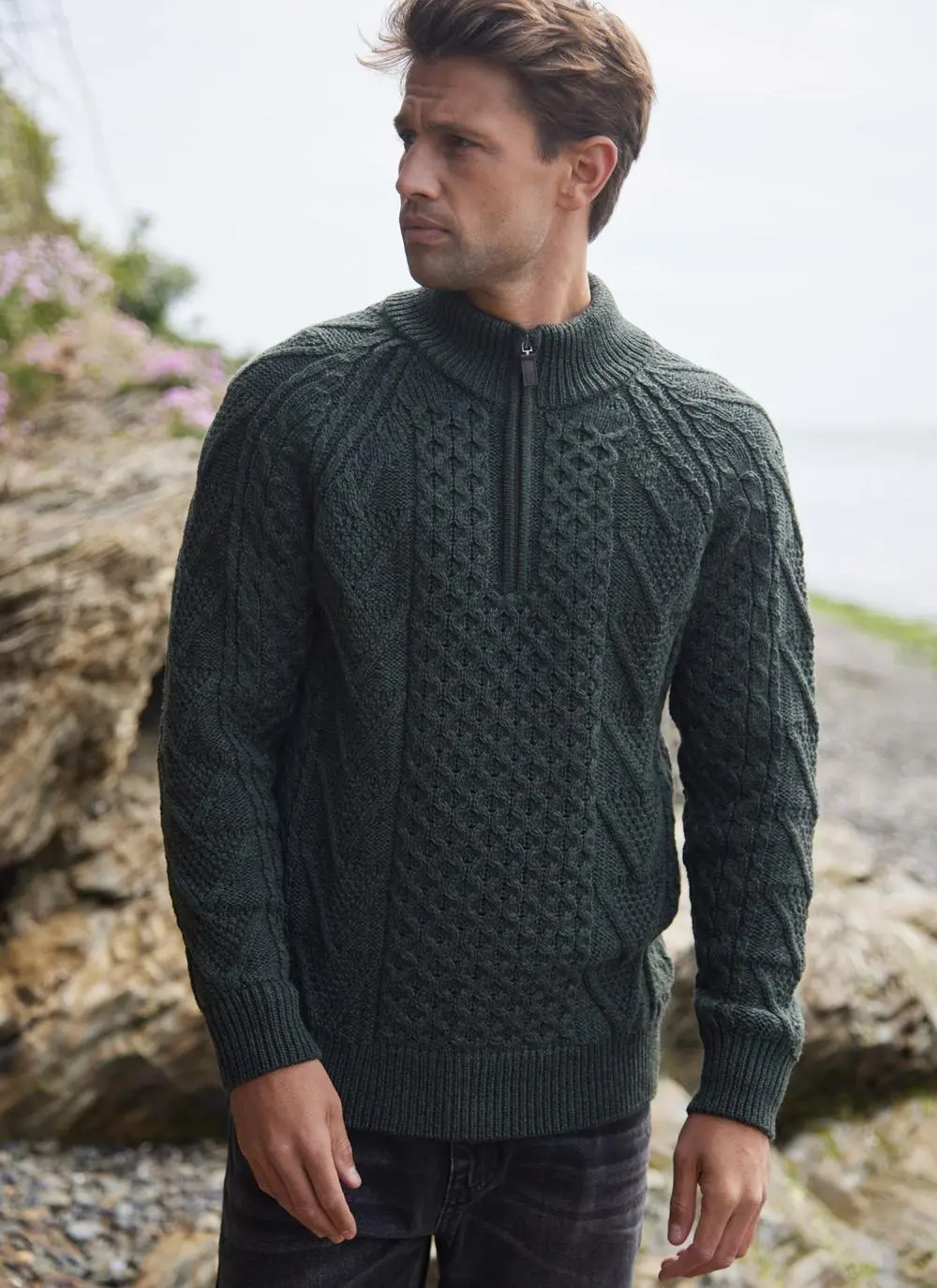 Liam Half Zip Aran Sweater in Army | Aran Sweaters for Men | Blarney