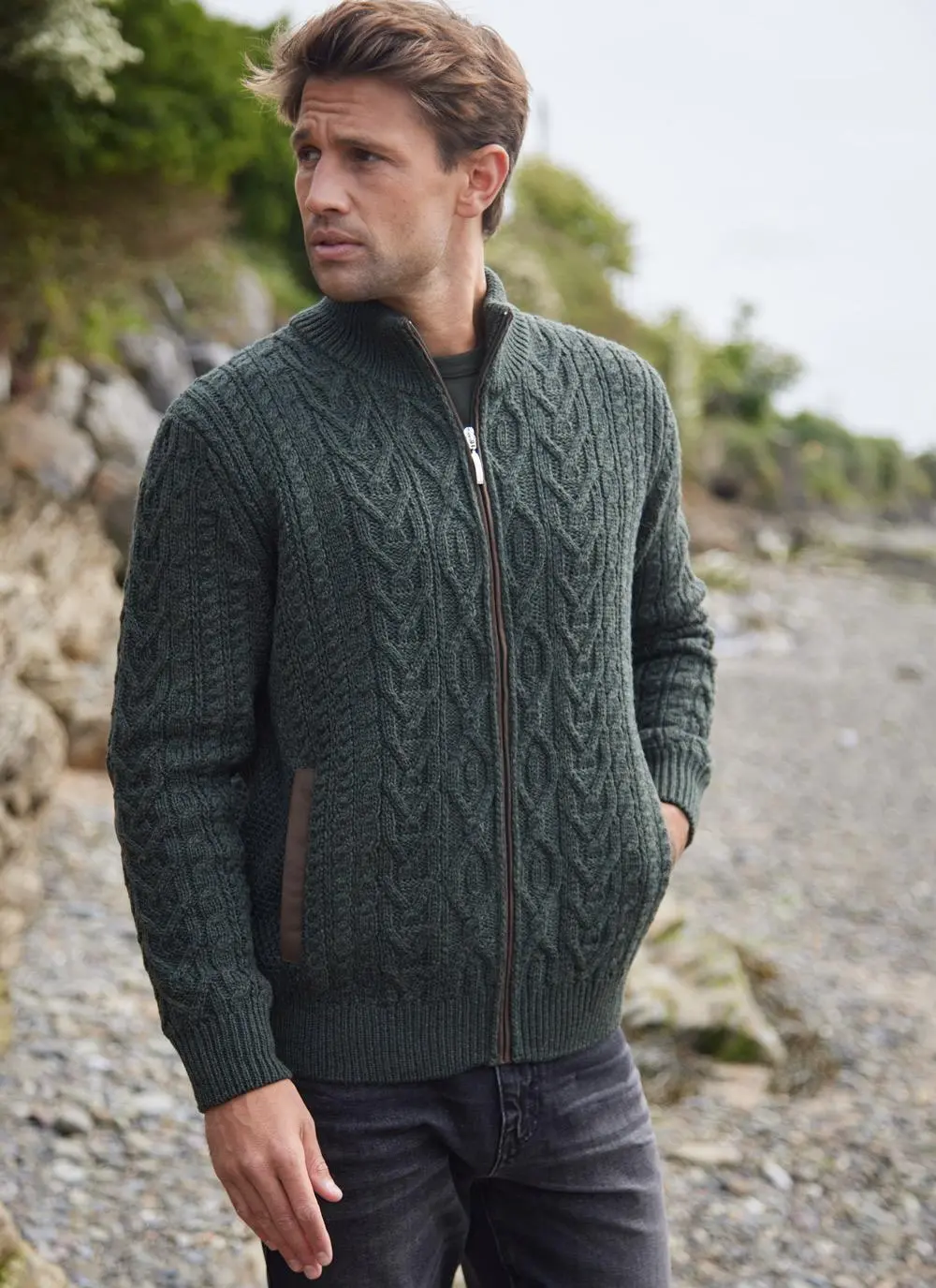 Eoin Zip Aran Cardigan in Army | Aran Sweaters for Men | Blarney